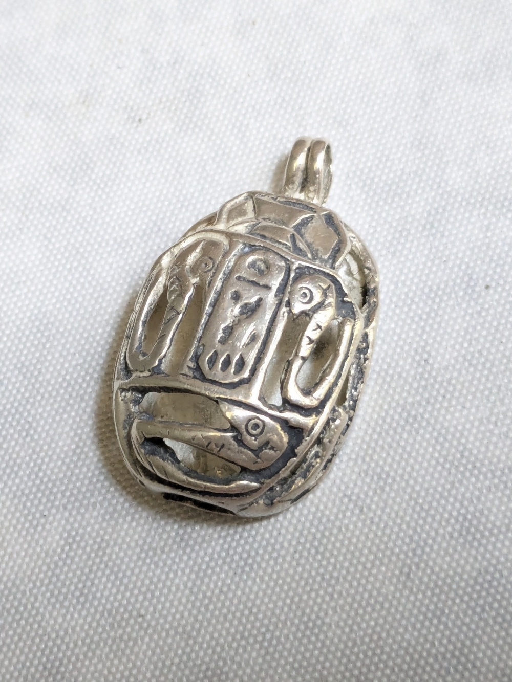 Vintage Sterling Silver Scarab Pendant - Antiqued Finish Egyptian